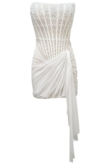 Strapless Pearl Draped Corset Dress White
