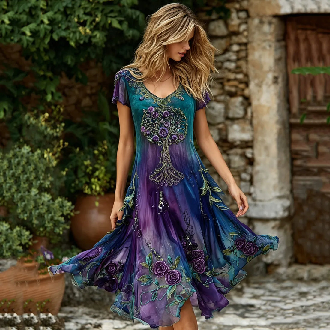Women's Retro Viking Tree Of Life And Floral Pattern Casual Long Dress