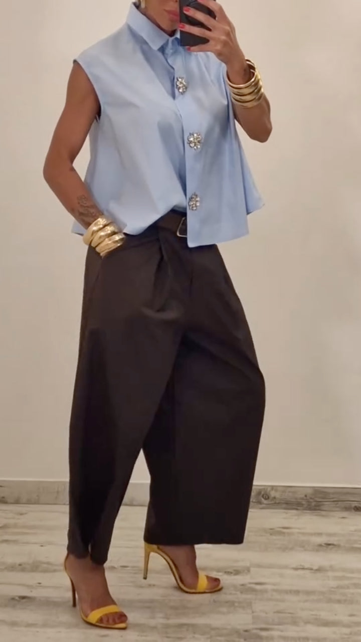 Crystal Button Sleeveless Shirt & Barrel Pant Matching Set