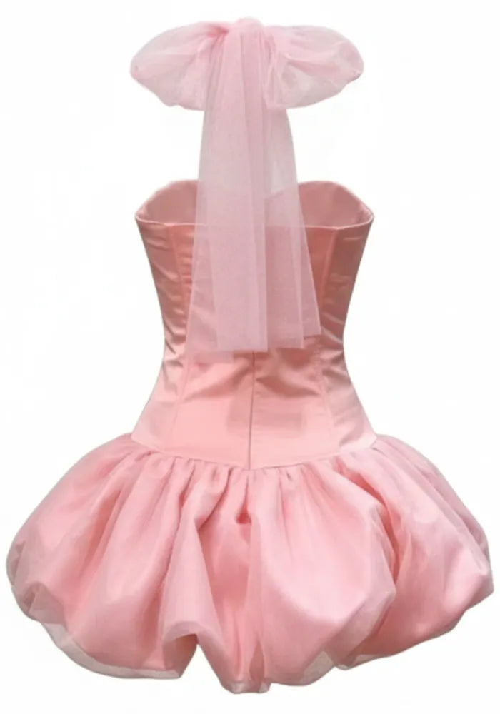 Halter Lace Up Detail Bubble Dress Pink