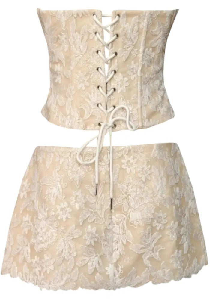 Strapless Floral Corset Two Piece Dress Ivory