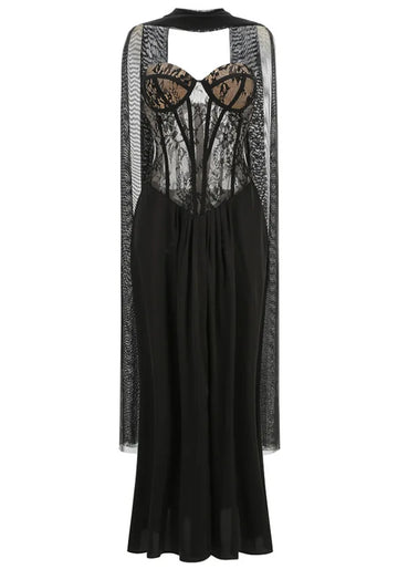 Strapless Lace Bustier A Line Maxi Dress Black
