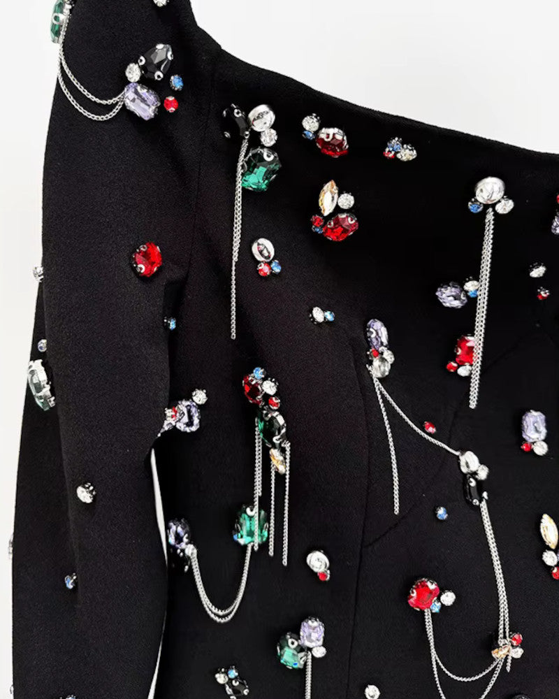 Long Sleeve Crystal Chain Maxi Dress Black