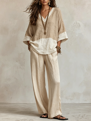 Light Khaki Color-blocked Top And Wide-leg Pants Set