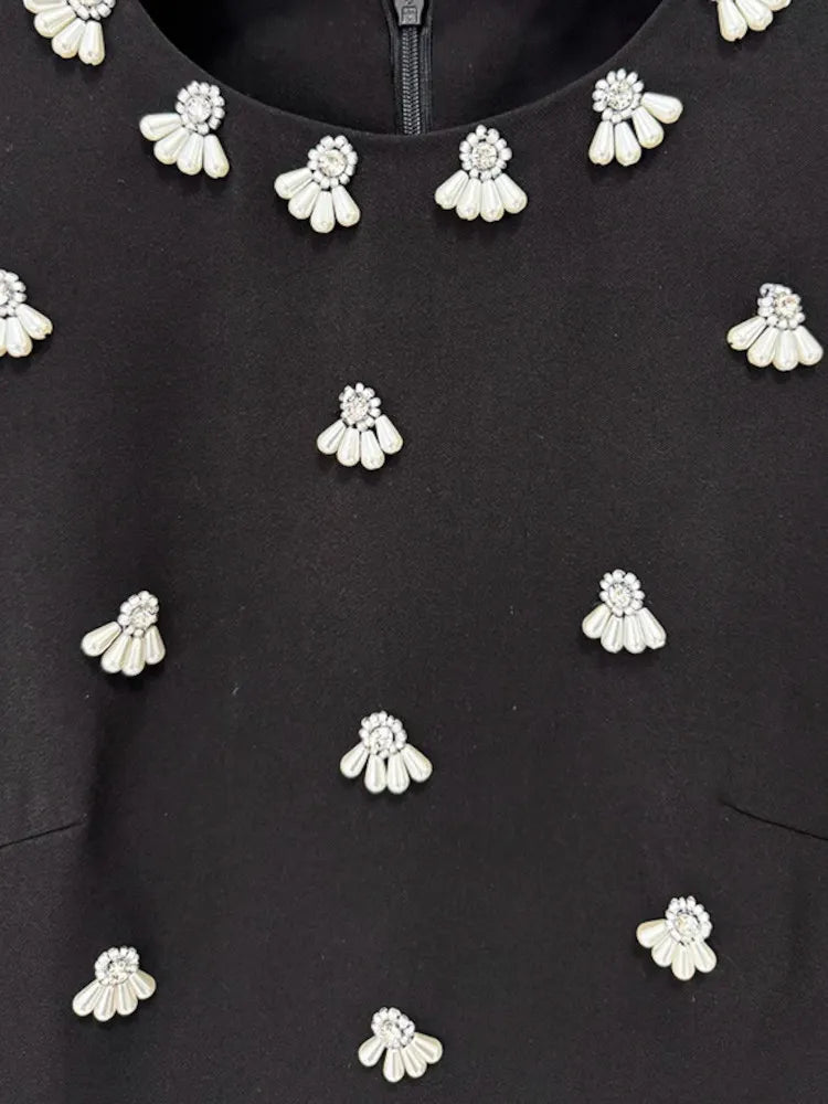 Crystal Pearl Embellished Midi Dress Black