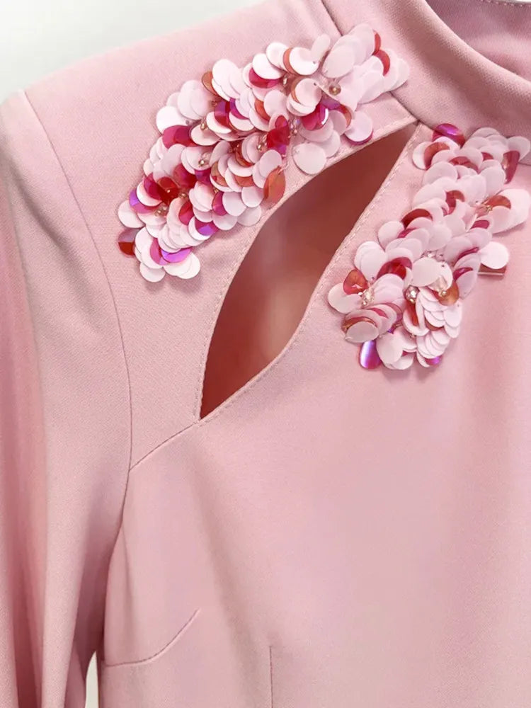Long Sleeve Big Sequin Detail Maxi Dress Pink