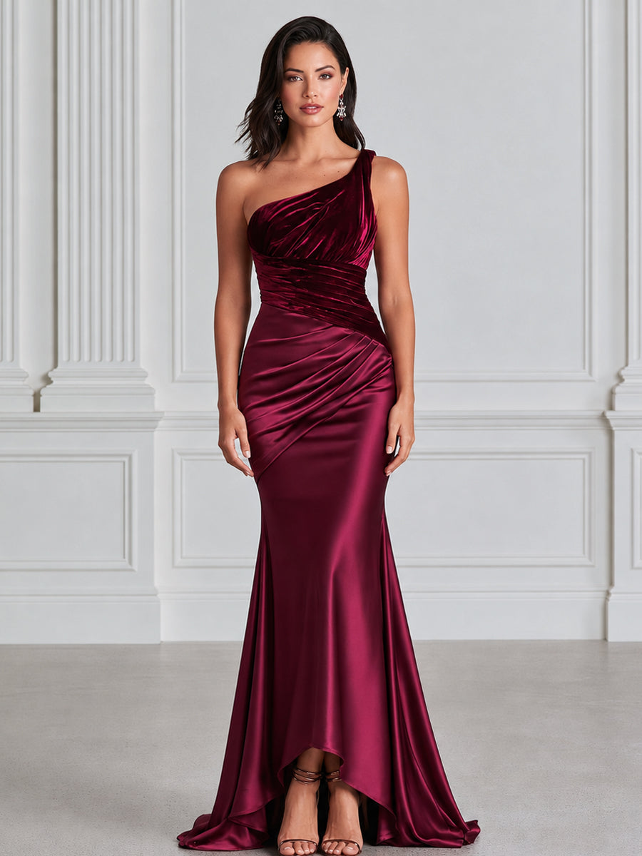 One Shoulder Velvet & Satin Ruched Maxi Evening Gown