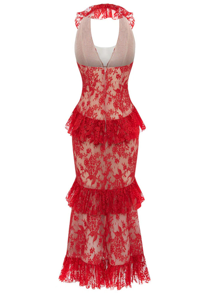 Halter Ruffle Lace Midi Dress Red