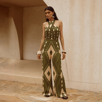 Halter Neck Geometric Pattern Print One Piece Swimsuit and Pants