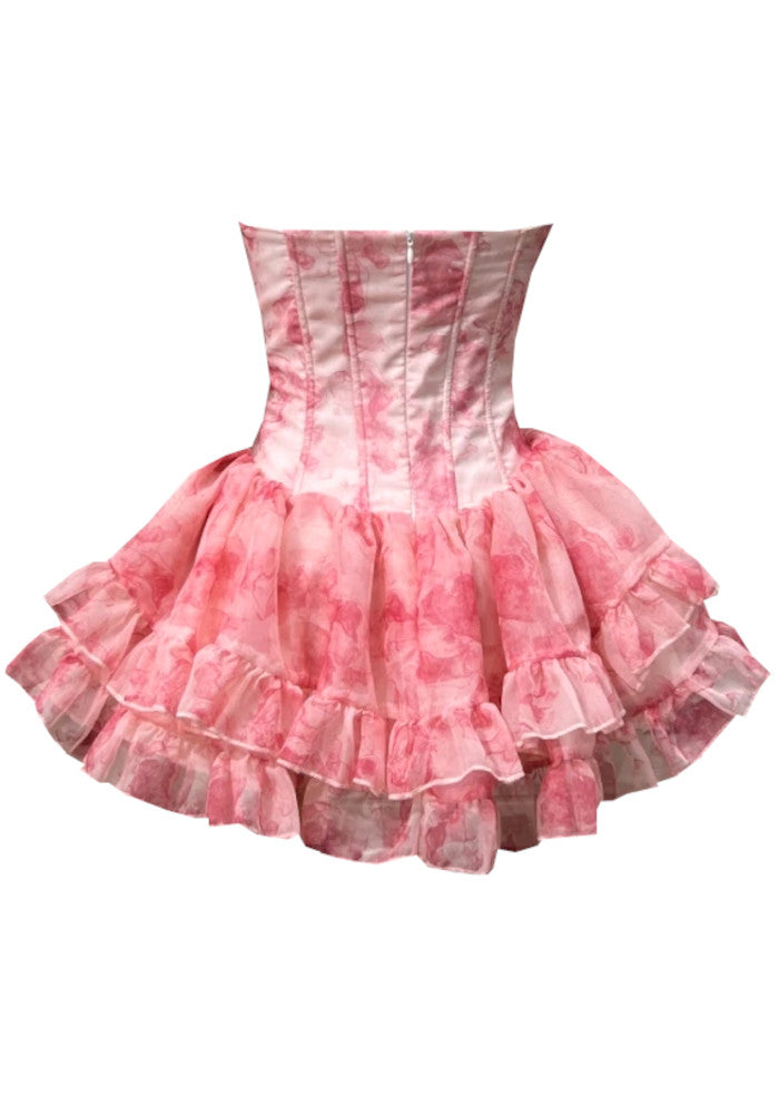 Strapless Floral Bow Ruffle Three Piece Dress Pink