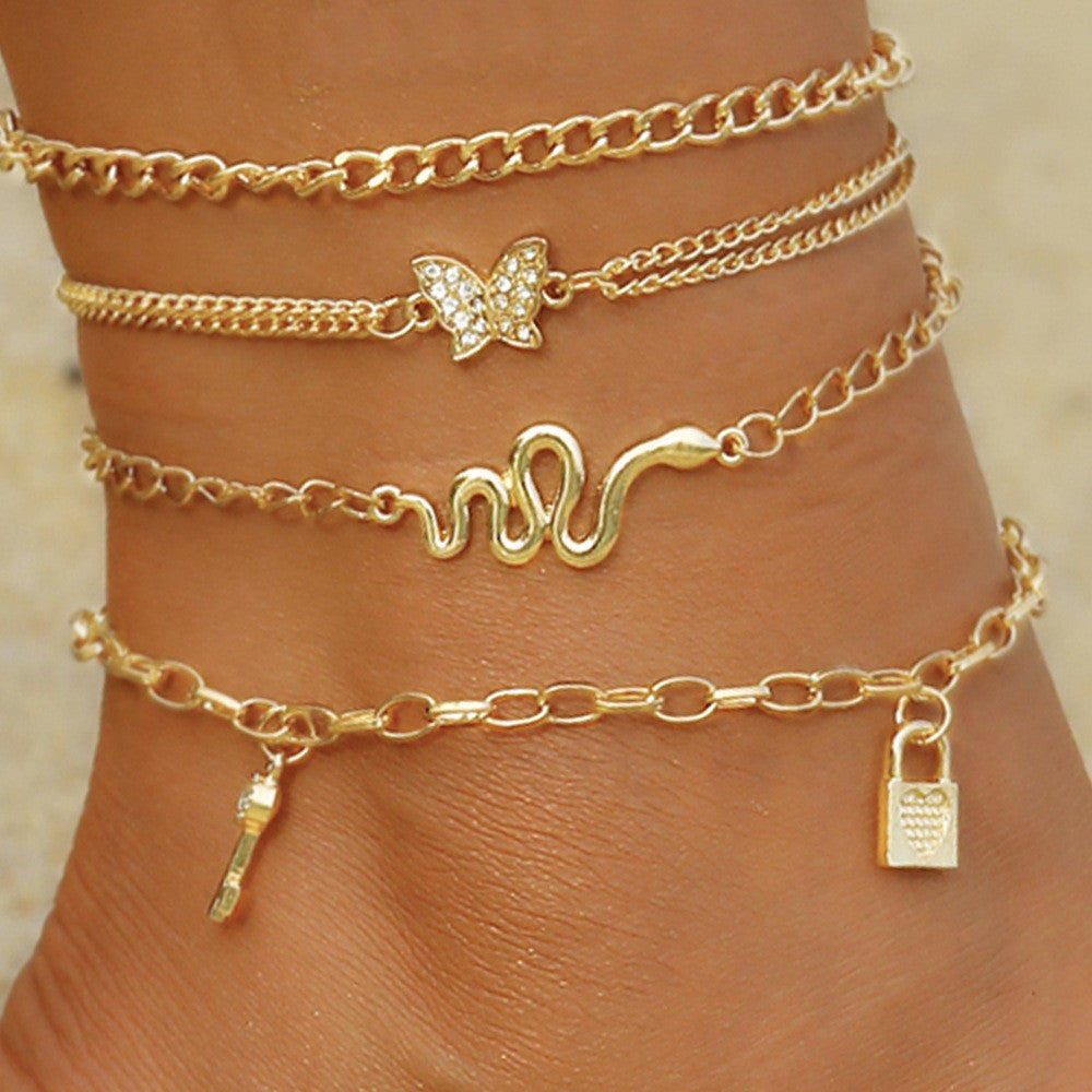 Retro Personality Multi-element Snake Butterfly Lock Pendant Combination