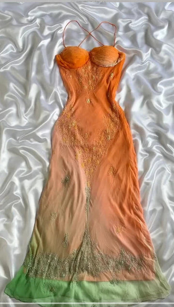 -Orange Green Fashion Gradient Exquisite Floral Long Satin Chiffon Weekend Date Party Dress Popular Dress Fairy Dress