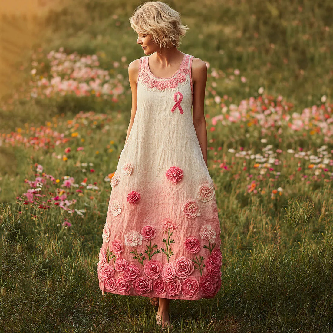 Cozy Pink Floral Embroidered Gradient Linen Tank Maxi Dress
