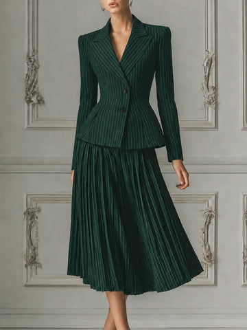 Green Pinstripe Tailored Blazer & Pleated A-Line Midi Skirt Two-Piece Suit Set