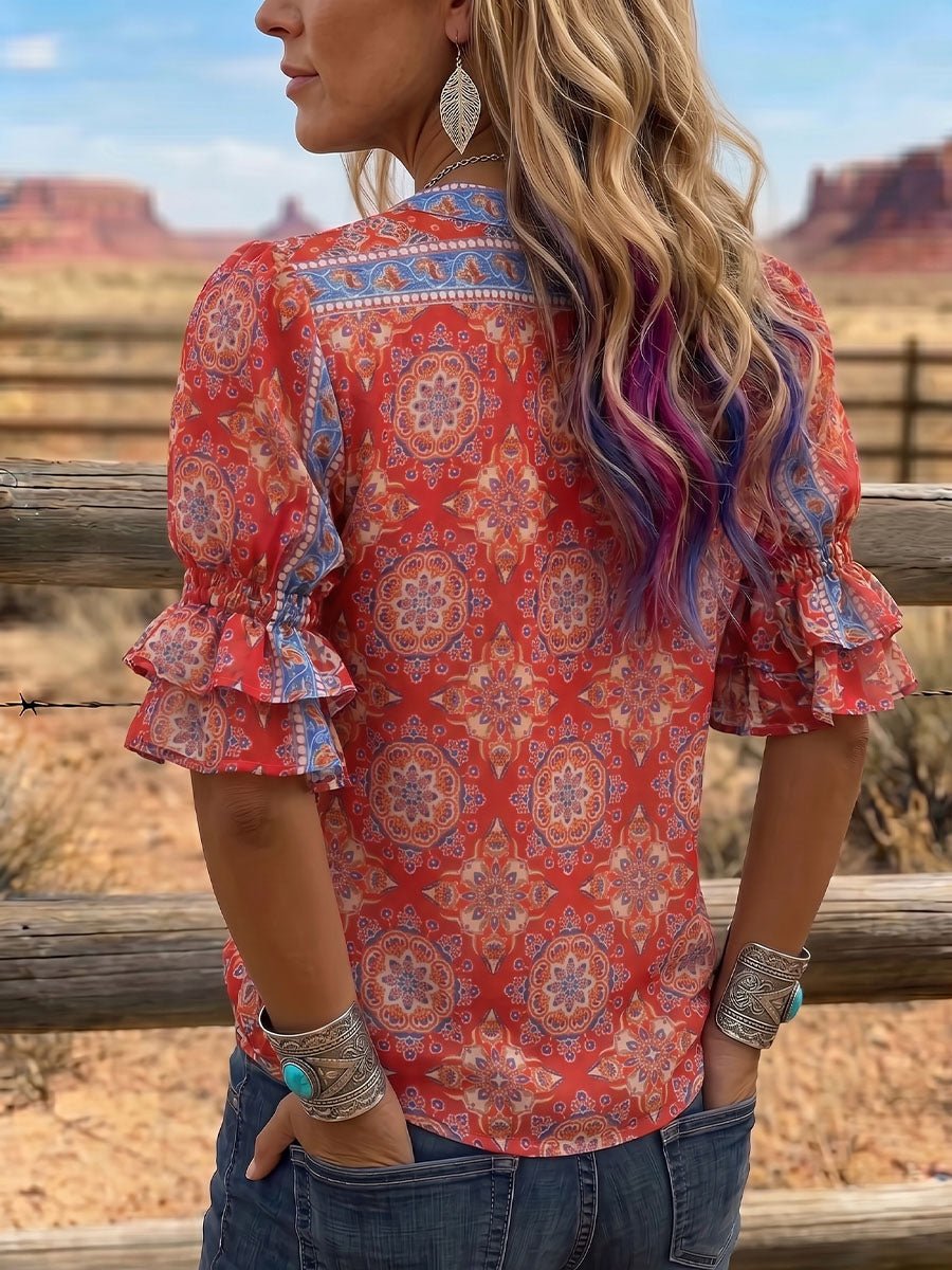 Vintage Art Print Comfortable Summer Fabrics Puff Sleeve Casual Shirt