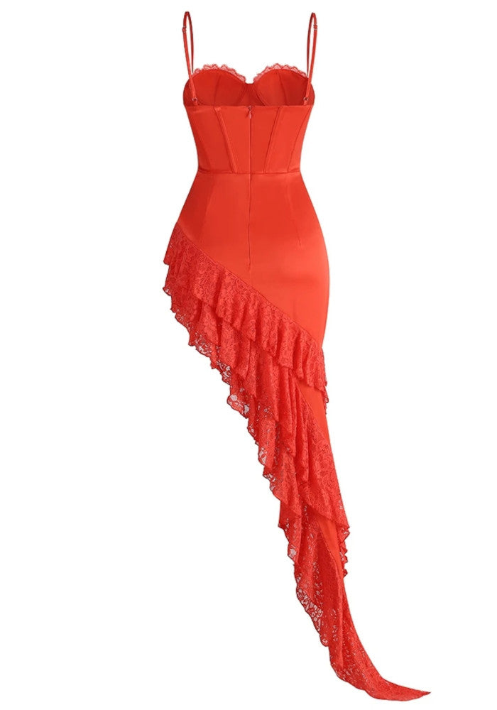 Lace Bustier Ruffle Asymmetric Maxi Dress Red Orange