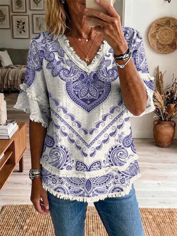 Ethnicity Bohemia Totem Women's Art Casual Patchwork V Collar Shirt