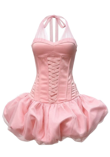 Halter Lace Up Detail Bubble Dress Pink