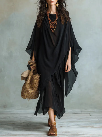 Exquisitely Elegant Black Bohemian-Style Maxi Dress And Shawl Set