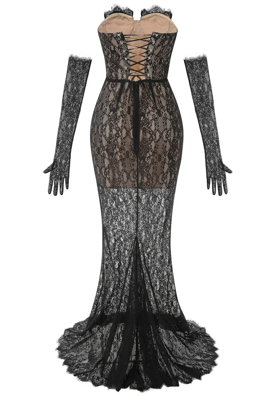 Strapless Lace Bustier Corset Maxi Dress Black