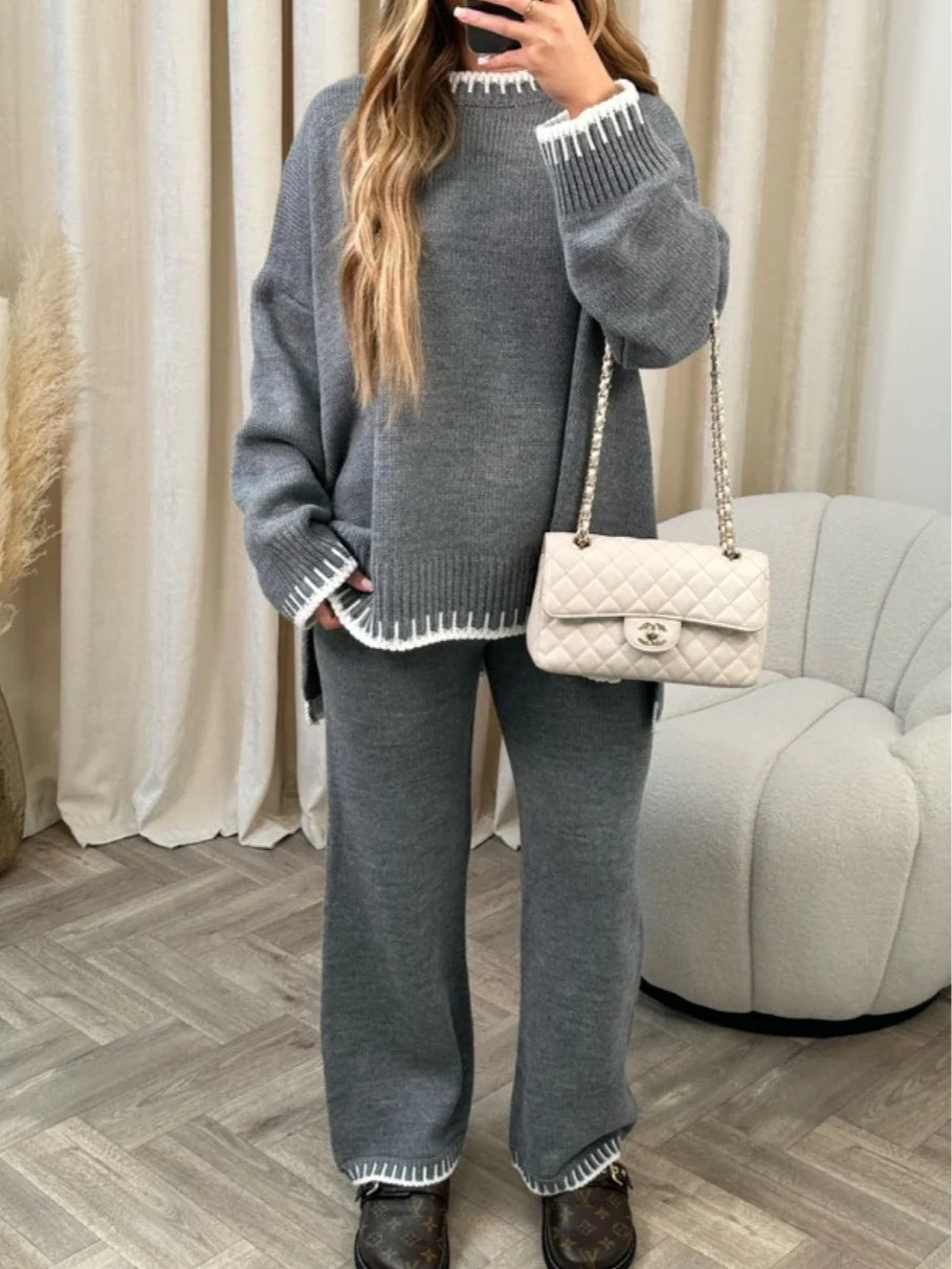 Casual color-blocked solid color sweater loose two-piece set