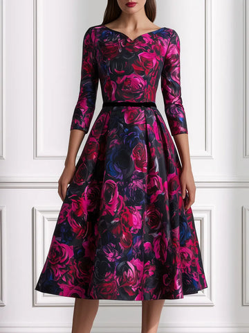 Rose Print Fit-and-Flare Midi Dress
