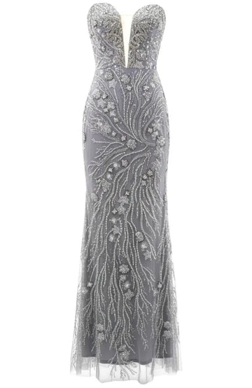 Strapless Floral Crystal Maxi Dress Silver