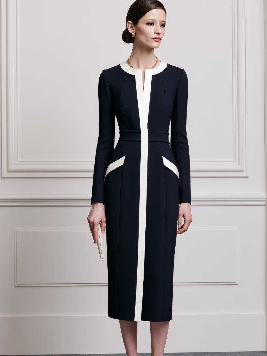 Navy & Ivory Colorblock Long-Sleeve Sheath Midi Dress