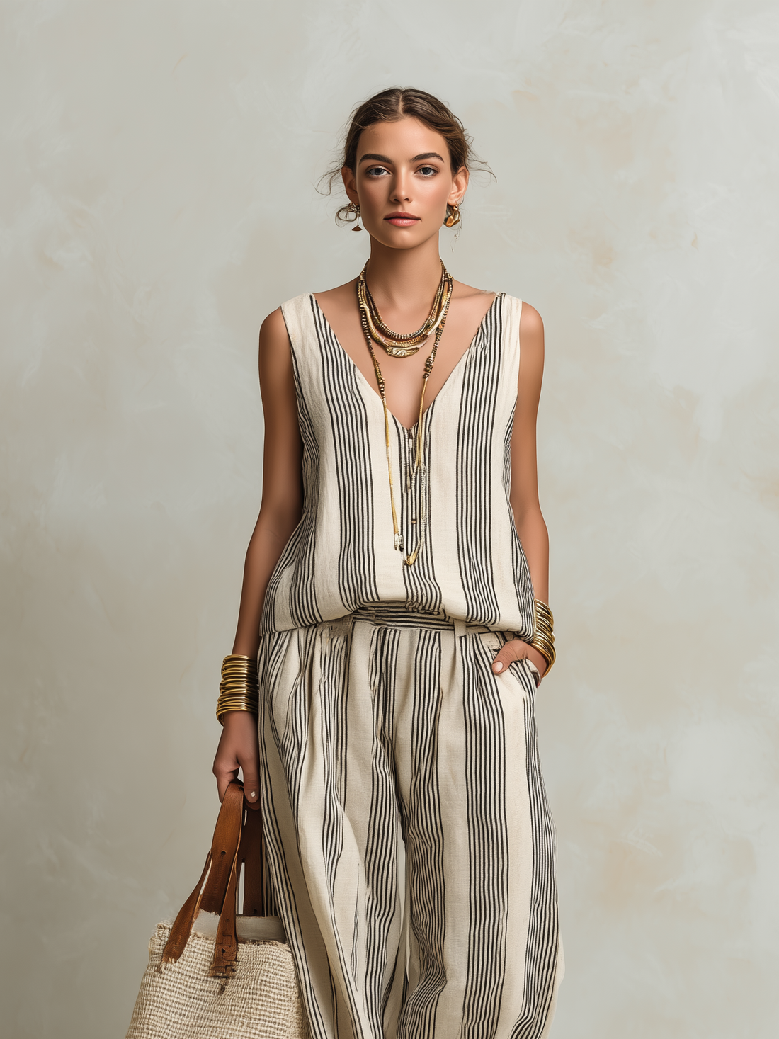 Women's Casual Black And White Striped Woven V-Neck Sleeveless Top With Trousers MDZ1701D4LXY