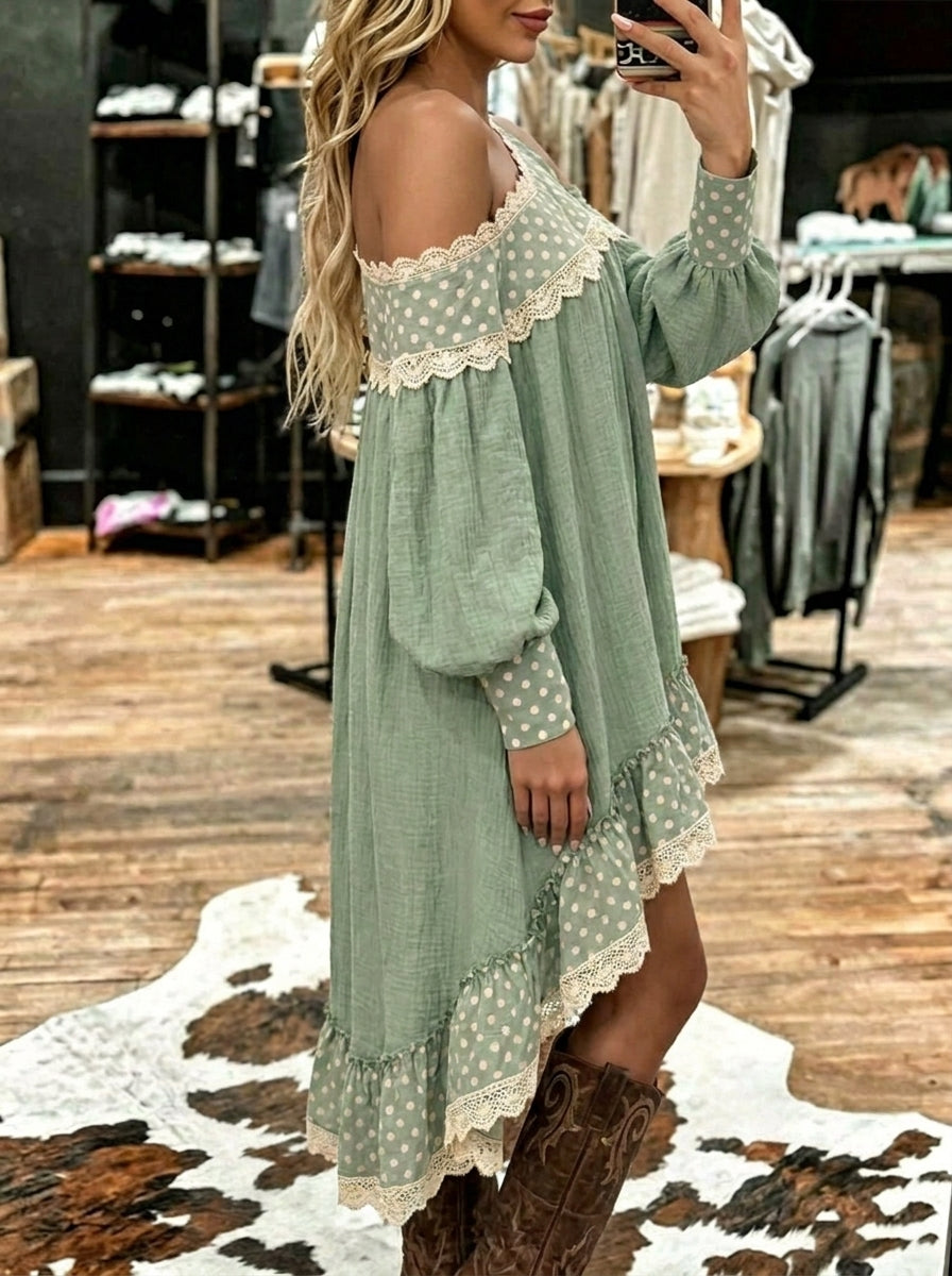 Cottagecore Lace Trim Off Shoulder Asymmetric Dress