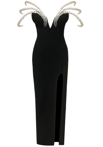 Pearl Detail Bardot Maxi Dress Black