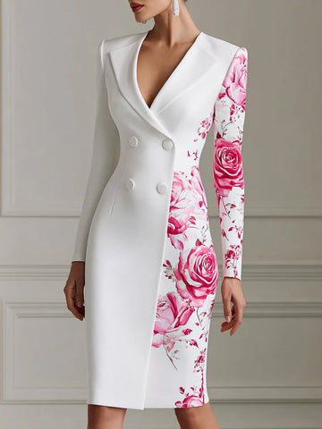 Asymmetric Floral Print Double Breasted Blazer Midi Dress
