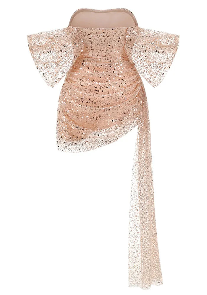 Sequin Draped Bardot Dress Rose Gold