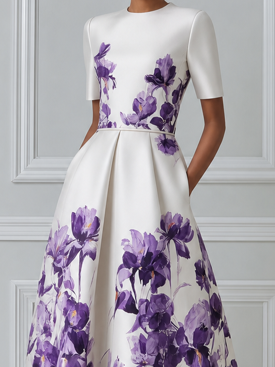 Ivory Purple Watercolor Iris Print Round Neck Pleated A-Line Midi Dress