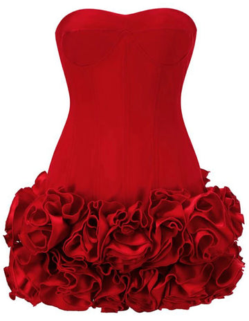 Strapless Corset Floral Ruffle Dress Red