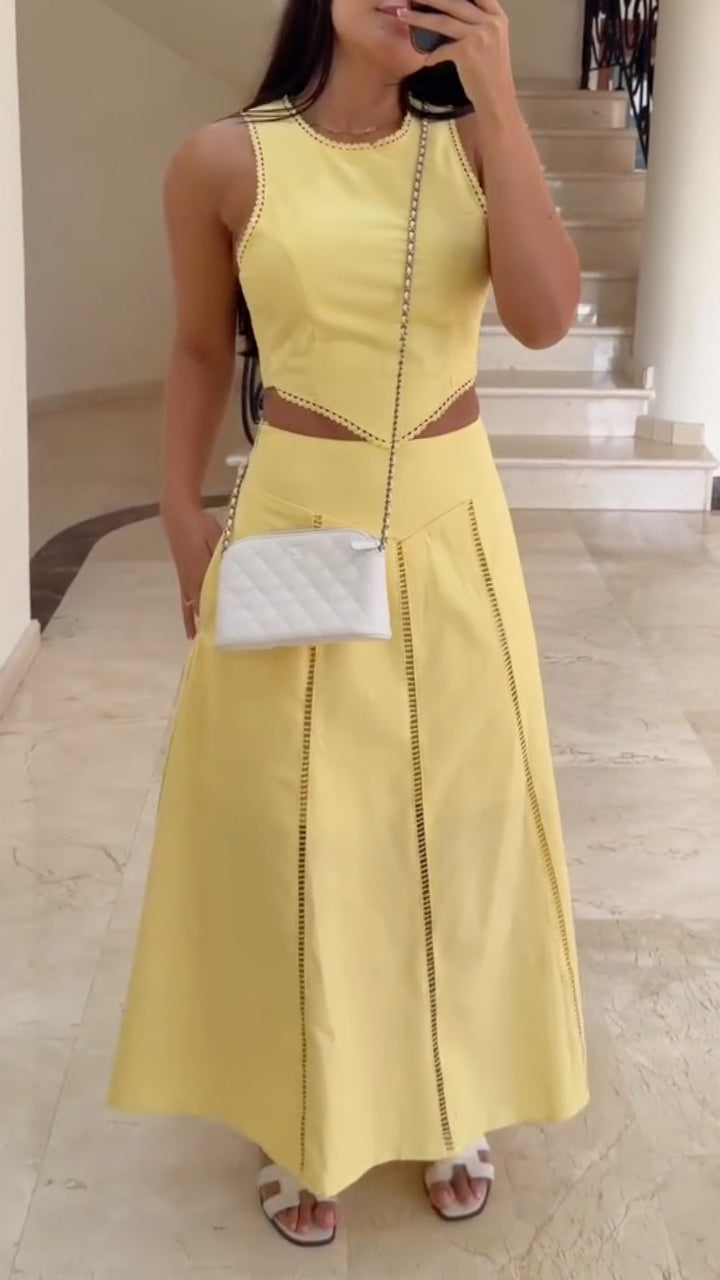 Eyelet Sleeveless Crop Top & Midi Skirt Two Piece Set
