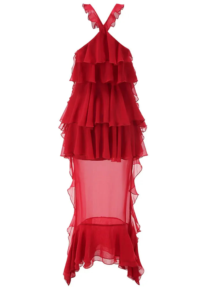 Halter Floral Ruffle Maxi Dress Red