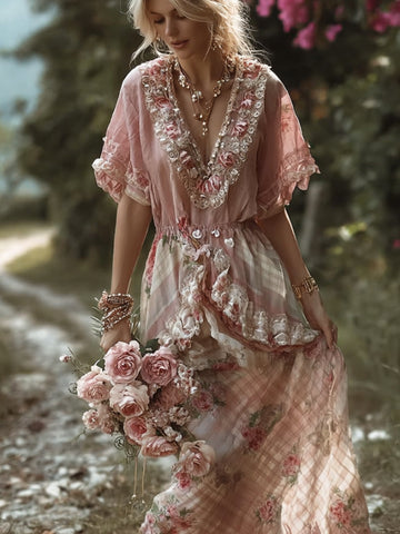Bohème Style Retro Patchwork Plaid Skirt Rose Embroidery V-neck Dress