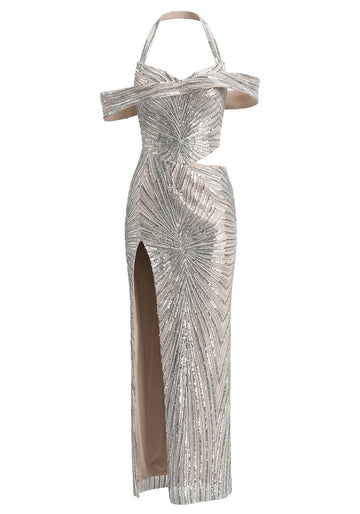 Halter Bardot Sequin Maxi Dress Silver