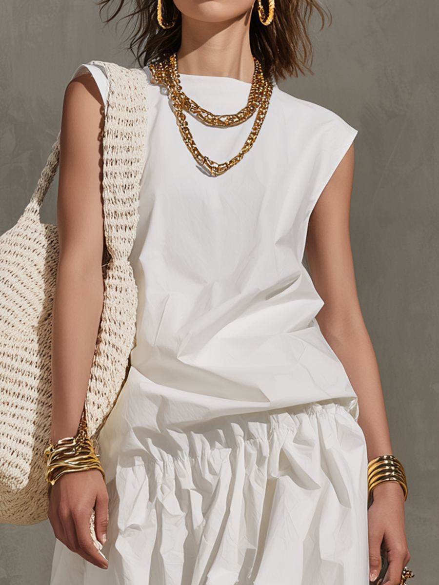Minimal Ivory Sleeveless Tiered Maxi Dress