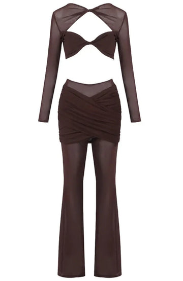 Long Sleeve Mesh Insert Two Piece Jumpsuit Brown