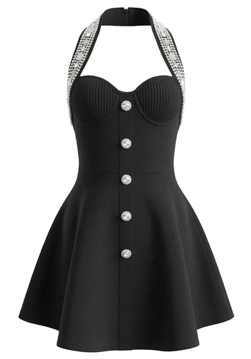 Halter Crystal A Line Dress Black