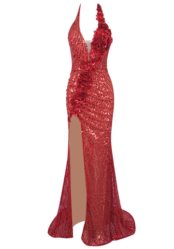 Halter Floral Detail Sequin Maxi Dress Red