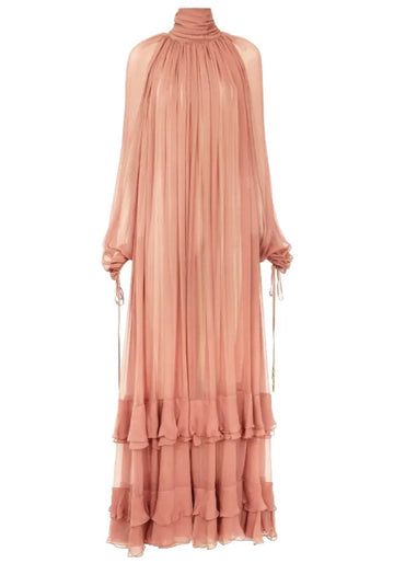 Long Sleeve Ruffle Maxi Dress Coral Pink