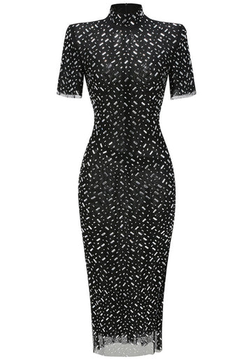 Short Sleeve Crystal Mesh Maxi Dress Black