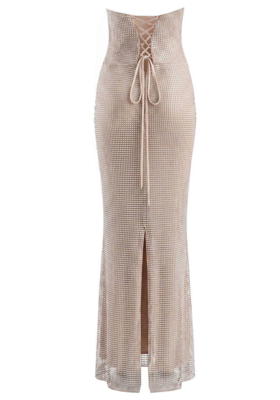 Strapless Draped Embellished Corset Maxi Dress Nude