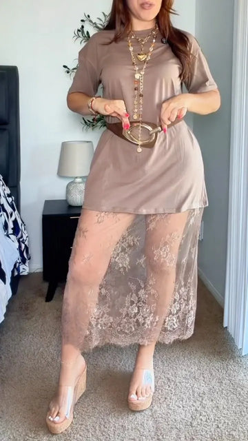 Taupe Two Layer T-shirt Lace Maxi Dress