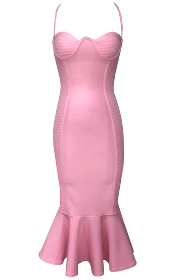 Halter Fluted Midi Dress Pink