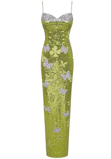 Butterfly Sequin Maxi Dress Green Silver