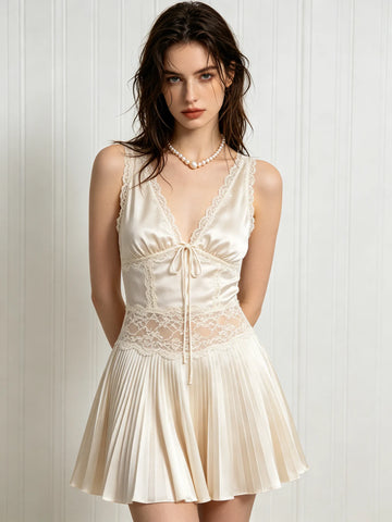 Women's Sleeveless Lace Trim Satin Slip Dress with Pleated Skirt